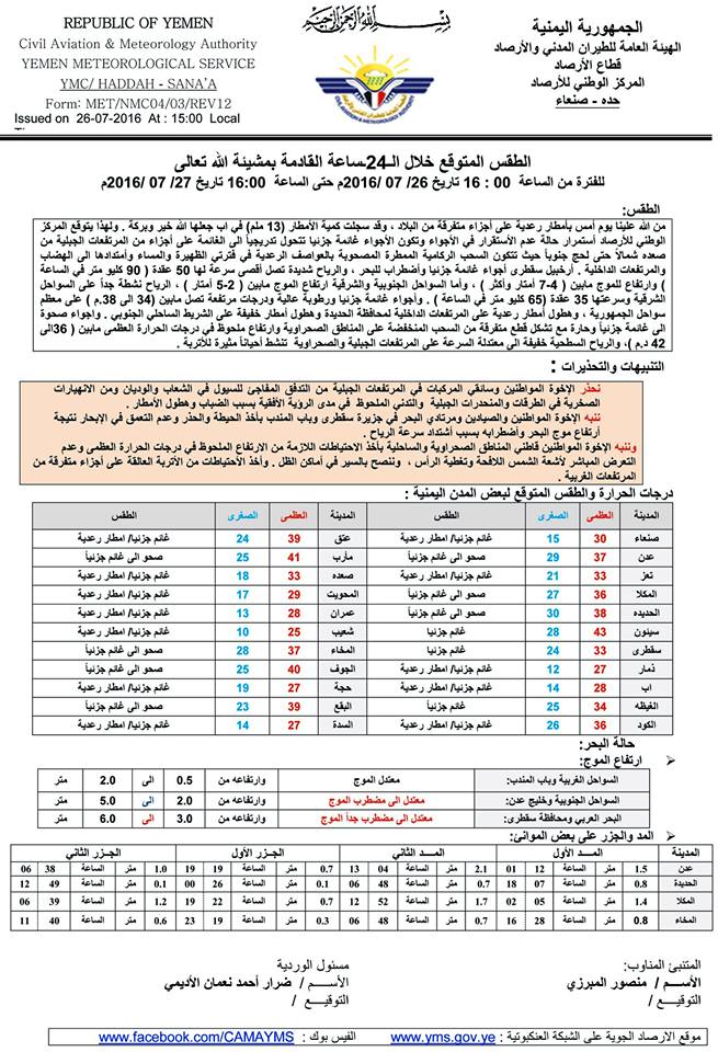 الطقس الاربعاء 27 يوليو 2016