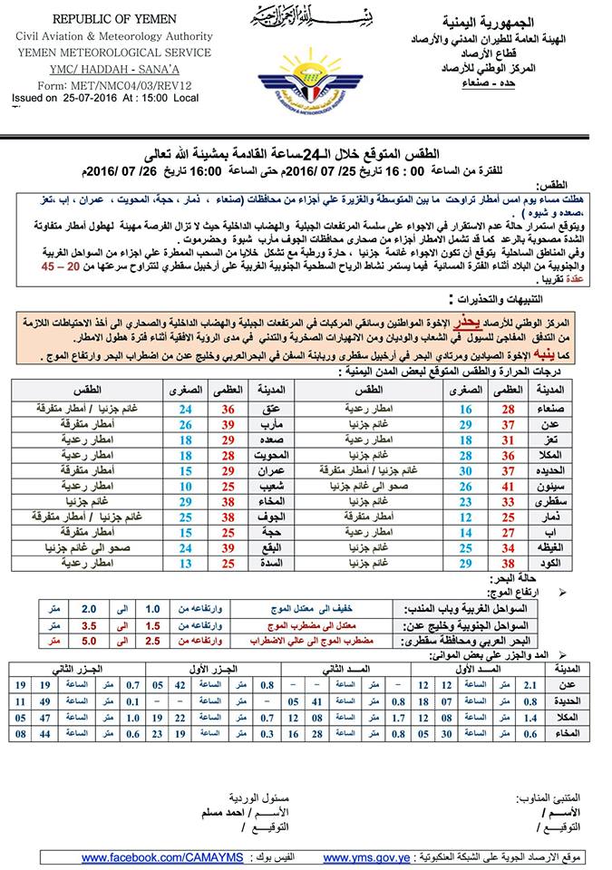 الطقس الثلاثاء 26 يوليو 2016
